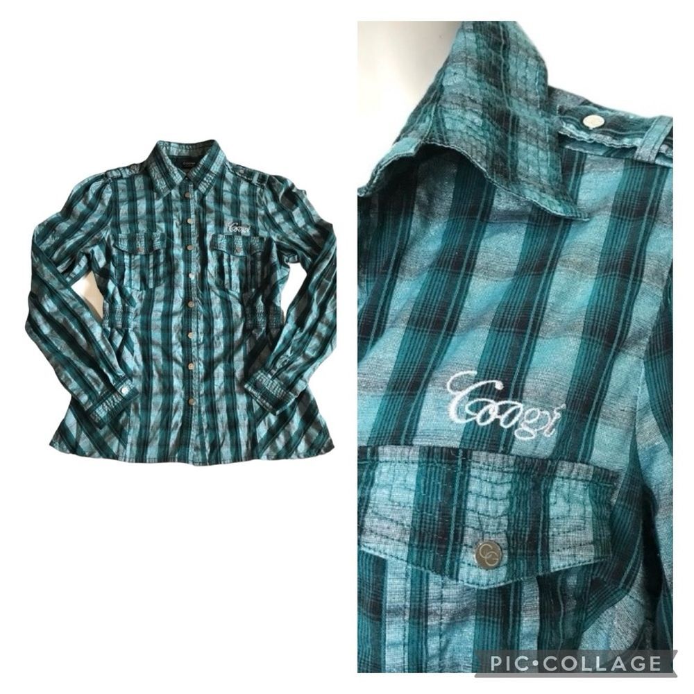 COOGI Metallic Plaid Snap Front Western Shirt L Green Fitted Snatched Waist